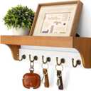 Rebee Vision Key and Mail Holder for Wall with Floating Shelf : 14 Inches Decorative Hanging Organizer with 5 Sturdy Keys Hooks and Wall Mount Key Rack - Farmhouse Entryway Decor (Light Brown & White)