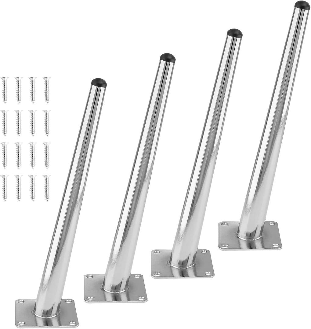 4pcs 12 Inch Furniture Legs, Oblique Conical Metal Legs Chrome Mid-Century Style Furniture Feet for Sofa Cabinet Table Chair Cupboard Couch Ottoman Home DIY Projects (Silver)