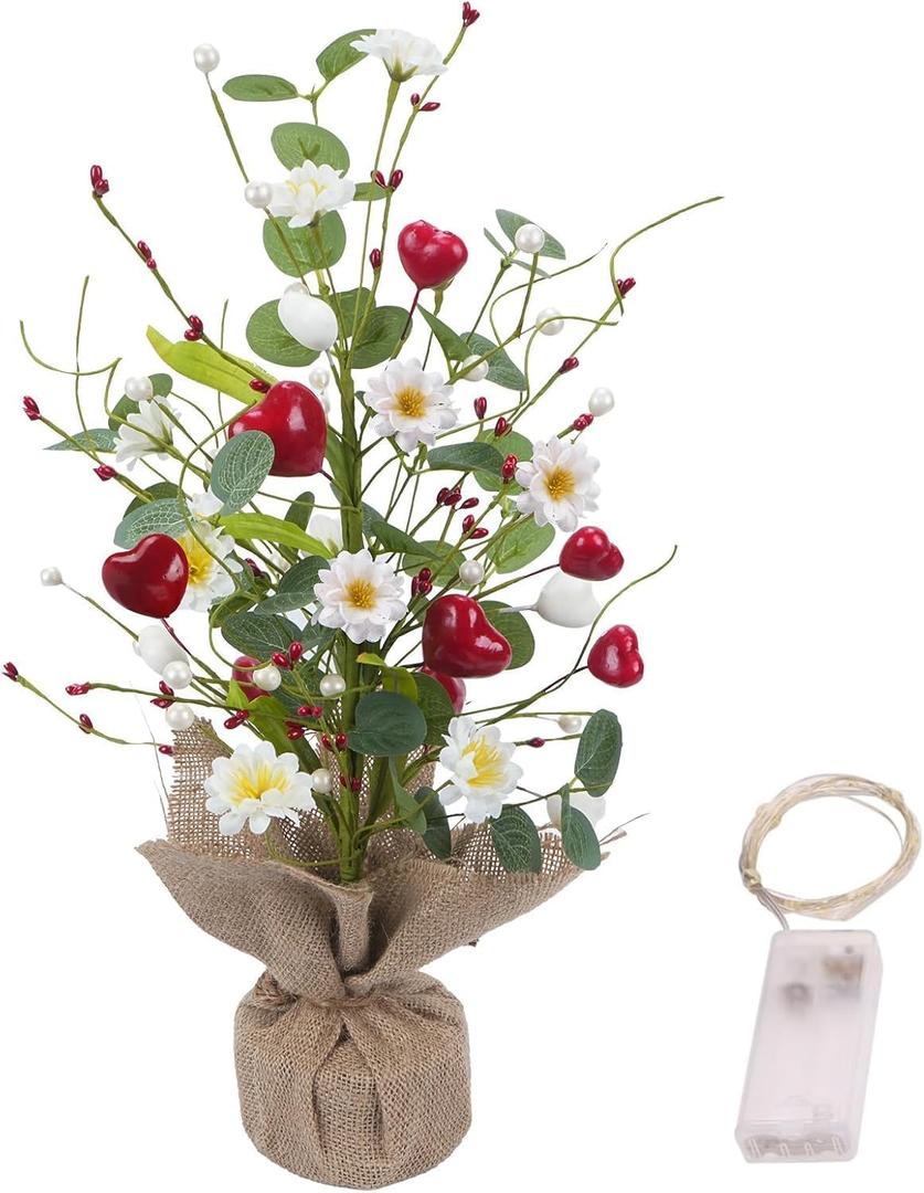 17.7" Daisy Heart Table Tree Decorative with Red Heart Floral Berry, 20 LED Light UP Small St Patricks Day Trees for St Patricks Day Party Home Table Centerpiece Spring Decor (1 Pcs)