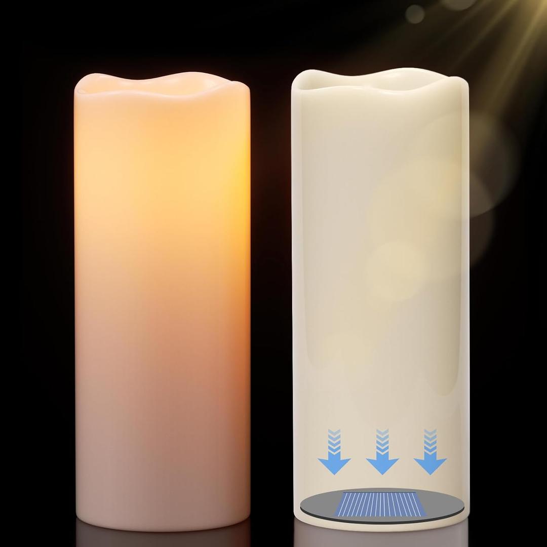 10" Large Solar Flameless Candles Outdoor Waterproof Dusk to Dawn Solar Rechargeable Battery LED Flickering Pillar Candles for Patio Porch Garden Lantern Decor(2 Pack White)