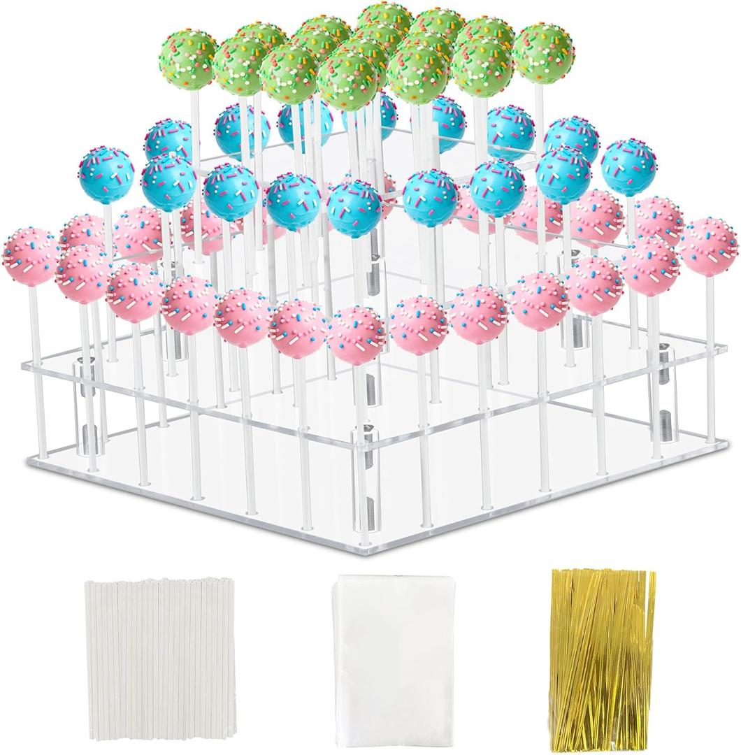 Cake Pop Stand with Wrappers, 3 Tier Square Cakepop Display Stand for Drying, 56 Holes Lollipop Holder for Party Candy Bar Baby Shower Wedding
