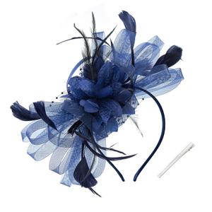 Women's Fascinators Feathers Mesh Ribbons Tea Party Hats with Headband and Clip Fascinator Hat (Navy)