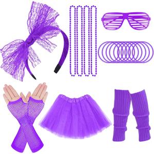 ONUPGO 80s Costume for Women, 80s Accessories Fancy Dress Neon Headband Earrings Fishnet Gloves Necklace for 80s Retro Party (Purple)