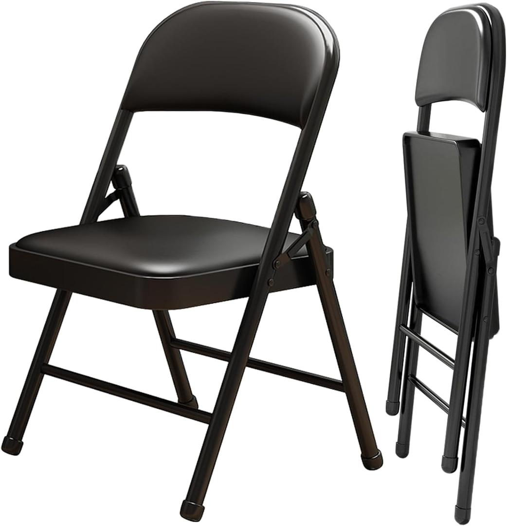 2 Pack Folding Chairs with Leather Padded Cushion and Back, Metal Black Foldable Chair for Indoor Outdoor, Commercial Stackable Guest Chairs for Office Events Wedding Party Kitchen Dining