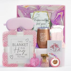 Acecreate Birthday Gifts for Women Self Care Gifts Get Well Soon Gifts, Rose Relaxing Spa Gifts Basket Care Package with Luxury Flannel Blanket, Unique Mothers Day Gifts Idea for Mom Pink