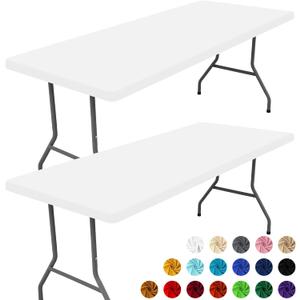 Moosfor Spandex 8 Foot Rectangle Table Cloth 2 Pack, Elastic Fitted Tablecloths for Picnic, Stretch Washable Patio Table Cover for Outdoor, Camping, Banquet and Parties (White, 30"x96")