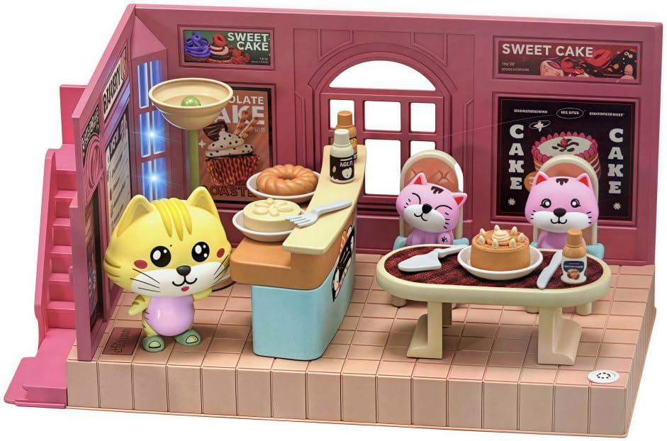 Koko's Cat Town DIY Miniature House Kit,Tiny Pink House SeriesCake Shop Building Kit,Dollhouse for 3 and up, Dollhouse Building Kit with Cats,Cat Toys Gift for Girls Boys Teens Kids Ages 3+