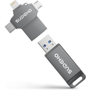 MFi Certified Photo Stick 128GB USB Flash Drive for iPhone, 4 in 1 External Memory Thumb Drive for Picture Video Data Backup, High Speed Memory Stick USB Drive for iPhone/iPad/Android/PC (Gun Black)