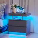 dnbss Nightstand with Charging Station and LED Light, Modern Night Stand with 2 Drawers, Smart Nightstand with USB Ports and Wireless Charger, Bedside Table for Bedroom (Grey), Large