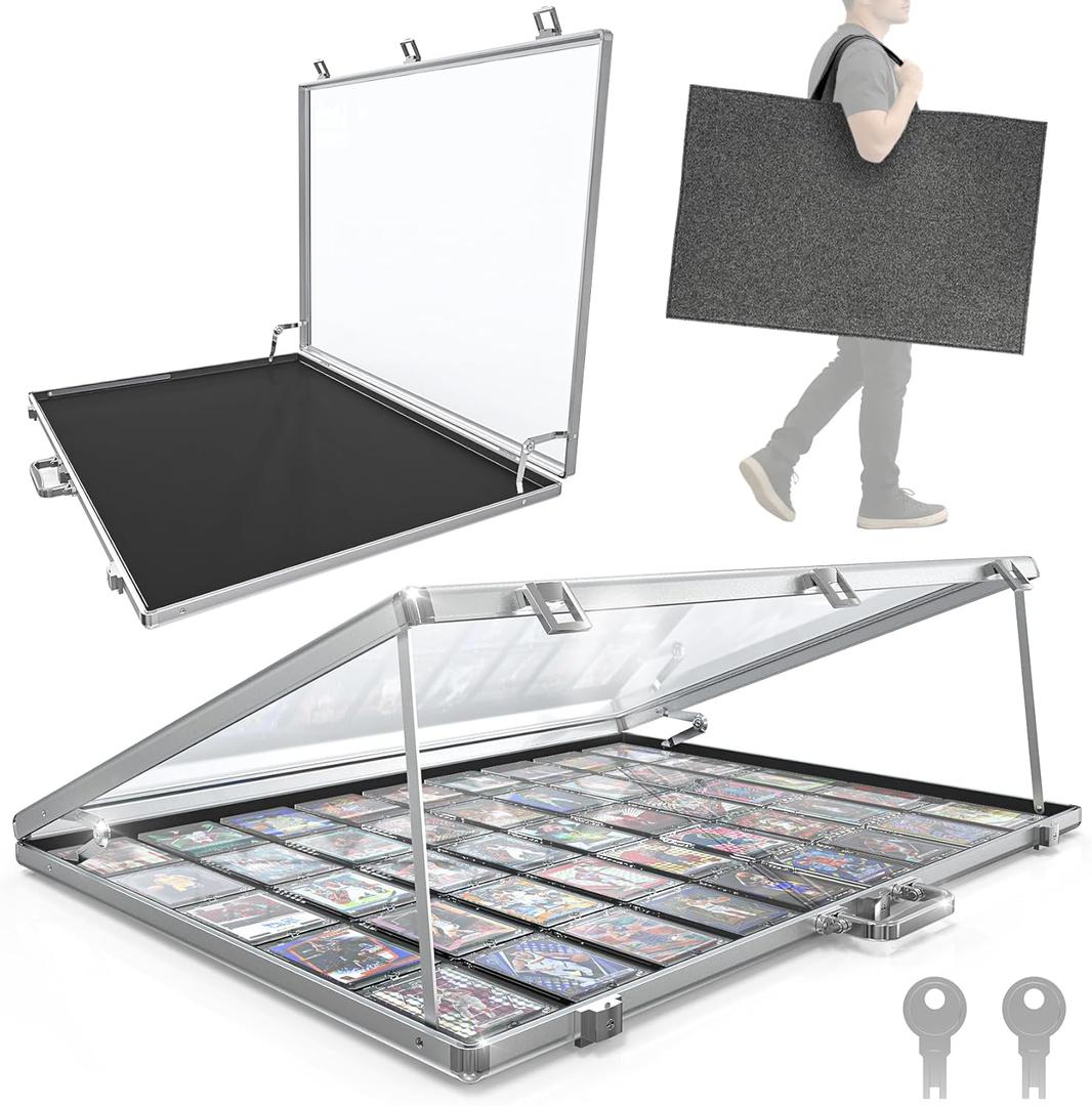 Ultra-Thin 31.4 x 23.6inch Portable Aluminum Card Display Case with Felt Tote Bag, High-Transparency Acrylic, 3 Anti Theft Locks, Sports Trading Card Show Case for Collectible Cards Jewelry Jersey