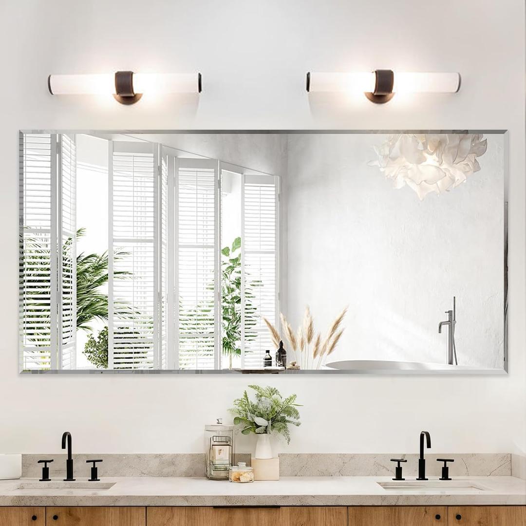 Frameless Beveled Edge Bathroom Mirror 36x72 Inch Rectangle Wall Mirror Explosion Proof and Shatterproof Bathroom Vanity Mirror Wall Mounted Hang Firmly (Horizontal or Vertical)