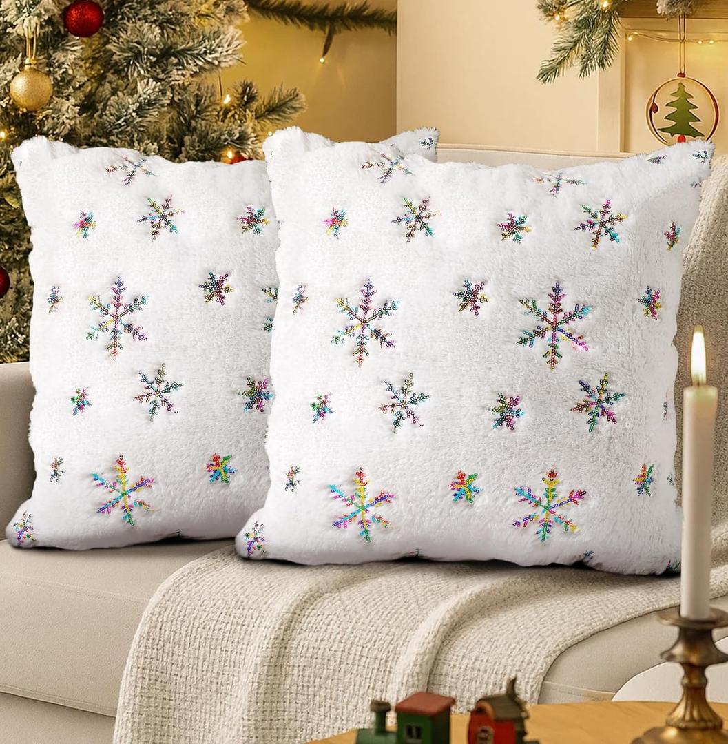 Christmas Pillow Covers 18x18 Inch - Set of 2 Embroidered White Christmas Throw Pillow Cases Soft Plush Faux Fur Snowflake Xmas Decorations Winter Holiday Decor for Home Bedroom Sofa