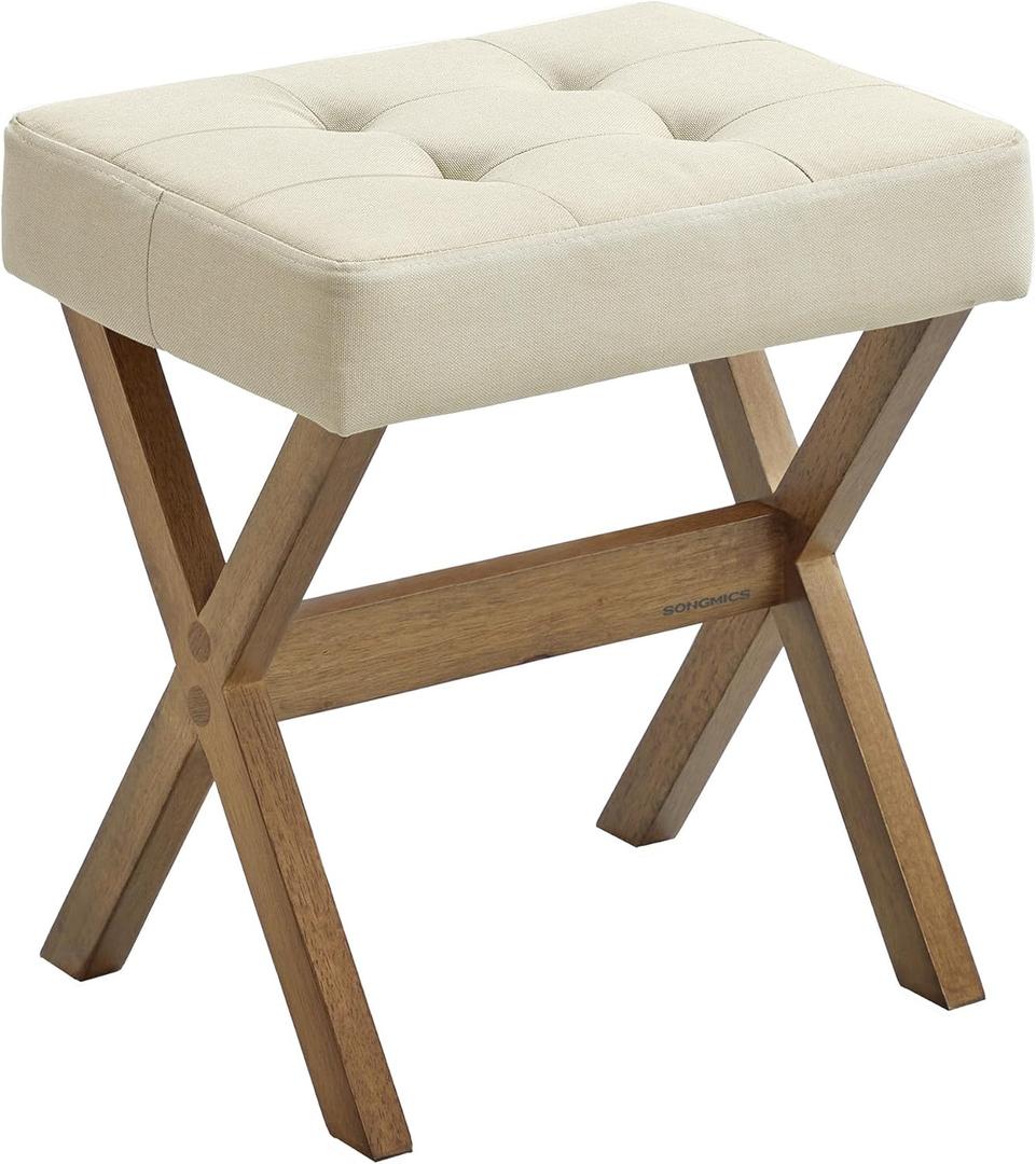 SONGMICS Makeup Stool, Padded Vanity Stool, Foot Rest, Solid Wood X Legs, for Bedroom, Closet, Entryway, 12.6 x 16.5 x 18.1 Inches, Summer Sand and Brown ULSF006LF01