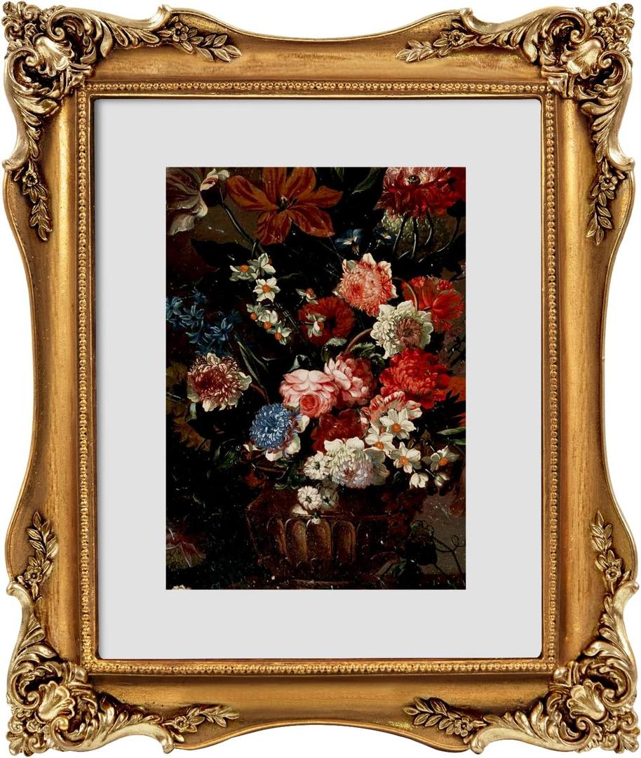 8x10 Gold Vintage Picture Frame, Ornate Baroque Gothic Victorian Frames with Mat for 5x7 or 8 x 10 Photos, Tabletop or Wall Display, Antique Home Decor Accent (Bronze)