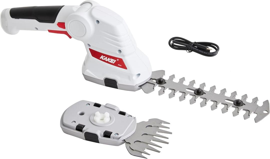 KAKEI 7.2V Cordless 2-in-1 Grass & Shrub Shear | 2000mAh Battery, 1300 Cuts/Min, Quick-Change Blades, Type-C Charging & Sealed Gearbox for Safe Gardening, White