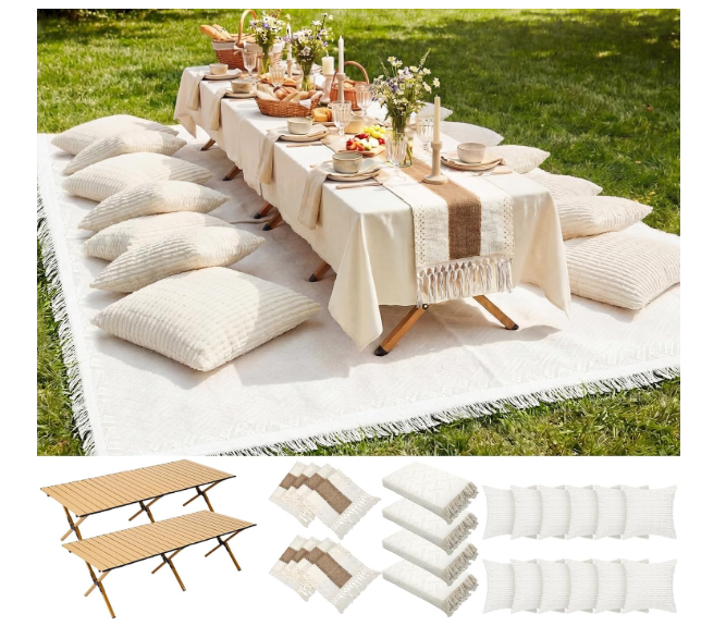 Novabright 20 Pcs Boho Picnic Set with Table Blanket Runner,Pillow Covers
Folding Wood Table, Fringed Blanket, Woven Runner, Ribbed Covers, Washable Cotton for Camping Wedding Outdoor