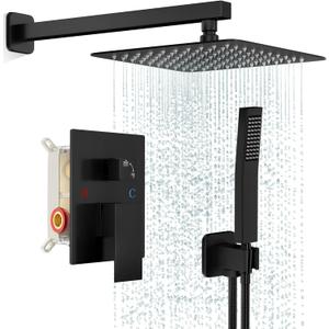 FPXRNG Black Shower Faucet Set, Rainfall Shower System with Square Shower Head and Handle Set, Wall Mounted Shower Fixtures, Full Metal Trim Repair Kit 8 inch Matte Black (With Shower Valve)