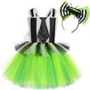 Kids Girl Halloween Costume Black White Striped Ruffle Tulle Tutu Dress with Headband Cosplay Birthday Party Outfit (8-9 Years, Green)