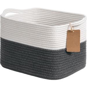 Goodpick Woven Storage Basket for Shelves, Baskets for Organizing, Cotton Rope Baskets with Handles, Rectangle Basket for Baby Toy Storage, 13 x 10 x 9 Inches, White & Dark Gray