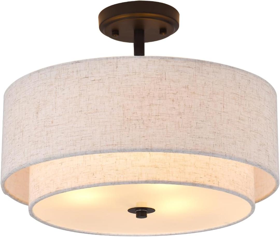 3-Light Semi Flush Mount Ceiling Light Fixture, 16" Black Drum Light Fixture with 2-Laye Fabric Shade Lamps, Modern Close to Ceiling Light for Bedroom Living Dining Room Kitchen Hallway Entryway