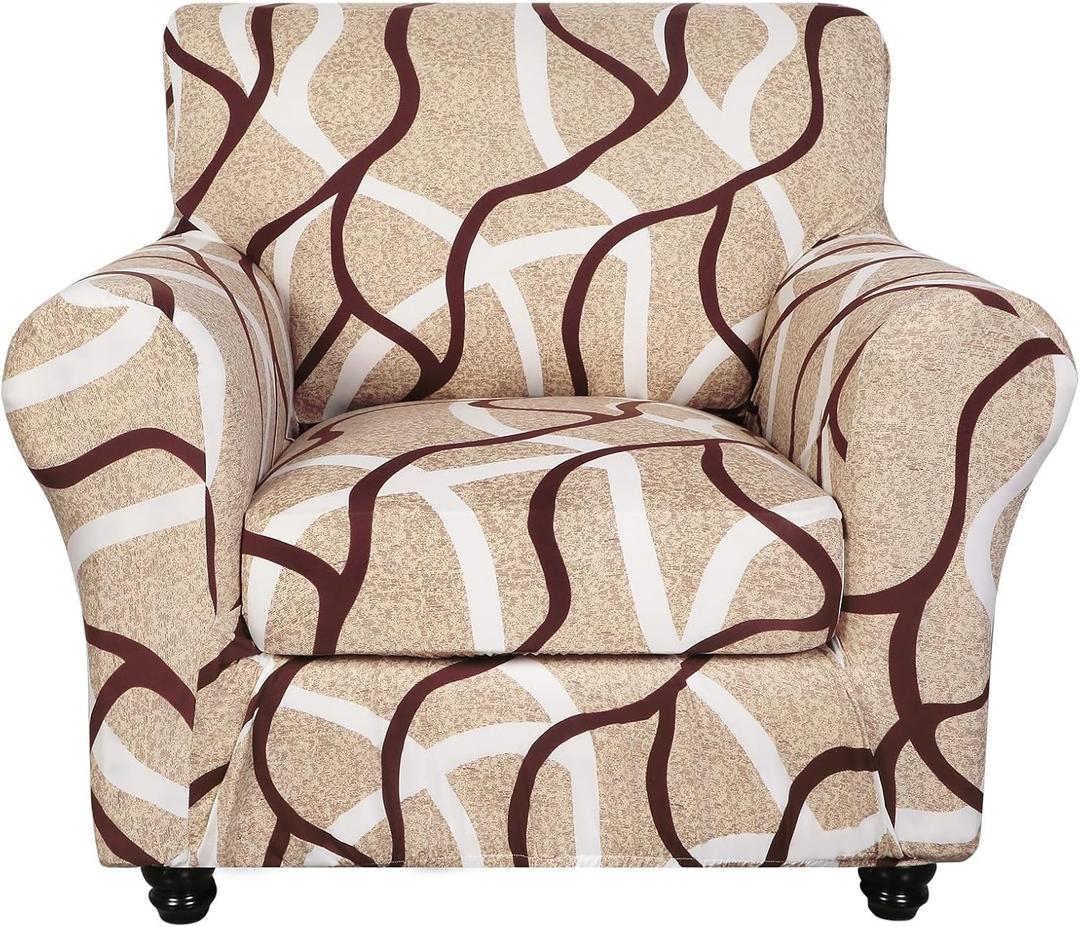 SearchI Stretch Sofa Cover Printed Couch Covers, Floral Pattern 2 Piece Armchair Slipcover with Separate Chair Cushion Cover, Washable Furniture Protector for Living Room(Armchair, Khaki) (Small)