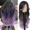 iluadme Black Light Purple Highlight Long Wavy Wig With Curtain Bang 26 Inch Ombre Ash Purple Wigs For Black Women Natural Heat Resistant Synthetic Fiber Middle Part Wig