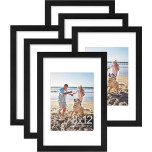decorUhome 8x12 Picture Frame, Display Pictures 6x8 with Mat or 8x12 without Mat, Wall & Tabletop Display Photo Frame, Black, 6 Pack