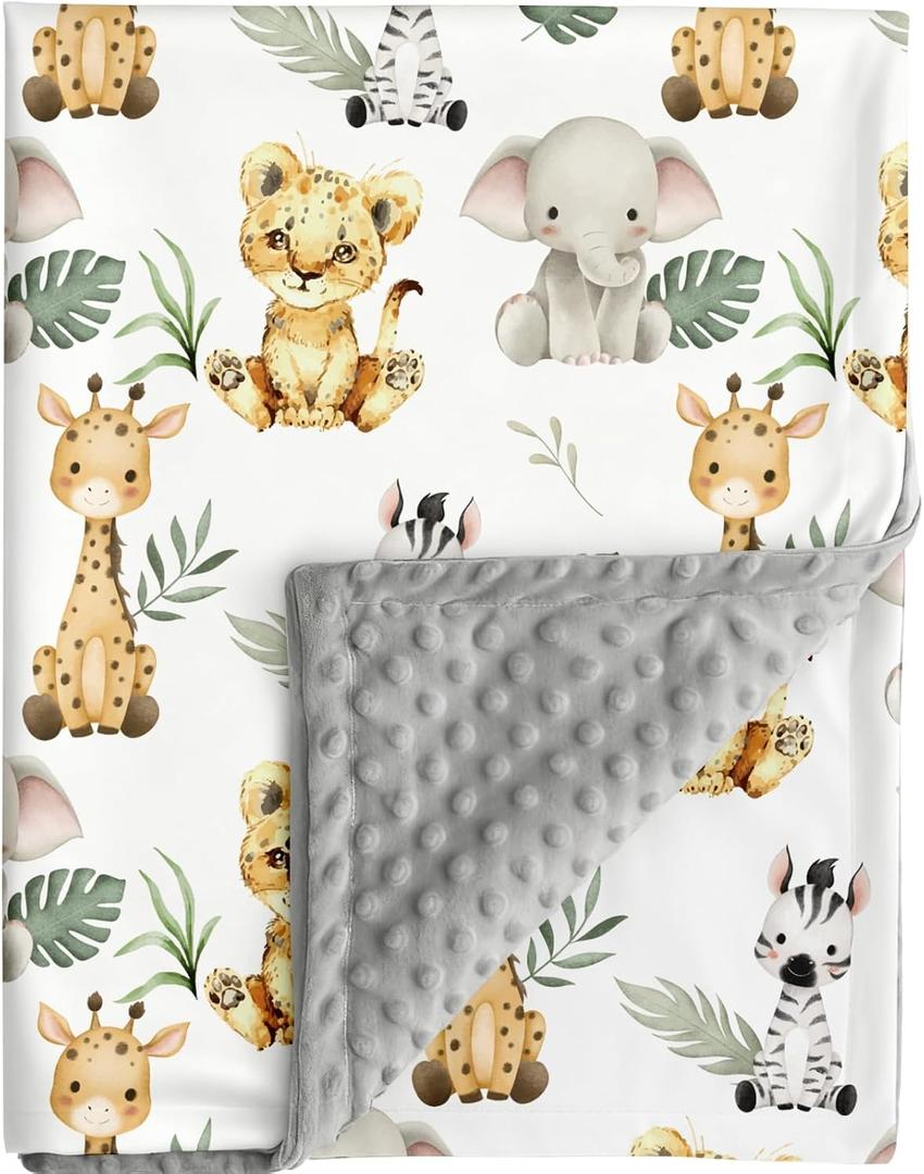 Safari Jungle Animals Baby Blanket Gender Neutral Blankets for Newborn Baby Girls or Boys Nursery Toddler Double Layer Blanket with Dotted Backing and Animal Printed (Animal 1)