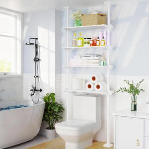 SUNALLY Over The Toilet Storage Shelf, 4-Tier Adjustable Over Toilet Bathroom Organizer,Tension-Mounted Bathroom Storage Rack for Ceilings, No Drill Space-Saving Shelving for Small Rooms,White, 86.36 Cm X 25.4 Cm X 287.02 Cm