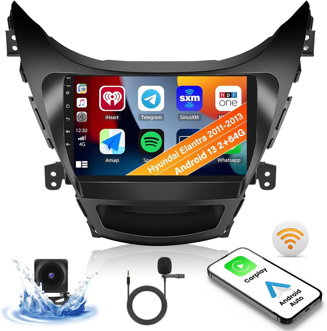 2+64G Android 13 Car Stereo for Hyundai Elantra 2011-2013 with Wireless Apple CarPlay Android Auto, 9" Touchscreen in Dash GPS Radio with Navi WiFi Bluetooth FM RDS HiFi/EQ-Audio SWC + Backup Camera