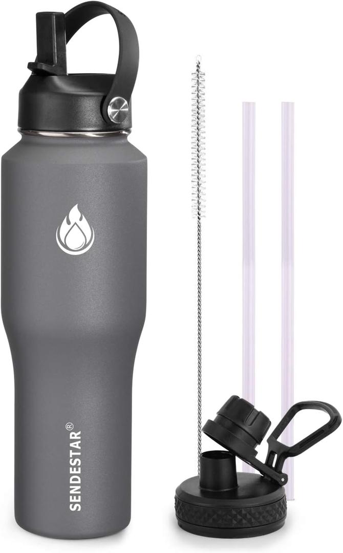 SENDESTAR Water Bottle 32oz,Wide Mouth Stainless Steel Vacuum Insulated Double Wall Keep Liquids Cold or Hot All Day,Sweat Proof Sport Design,Fit Car Cup Holder,2 Lids(Straw and Spout lid)(Gray) SENDESTAR Water Bottle 32oz,Wide Mouth Stainless Steel Vacuum Insulated Double Wall Keep Liquids Cold or Hot All Day,Sweat Proof Sport Design,Fit Car Cup Holder,2 Lids(Straw and Spout lid)(Gray)