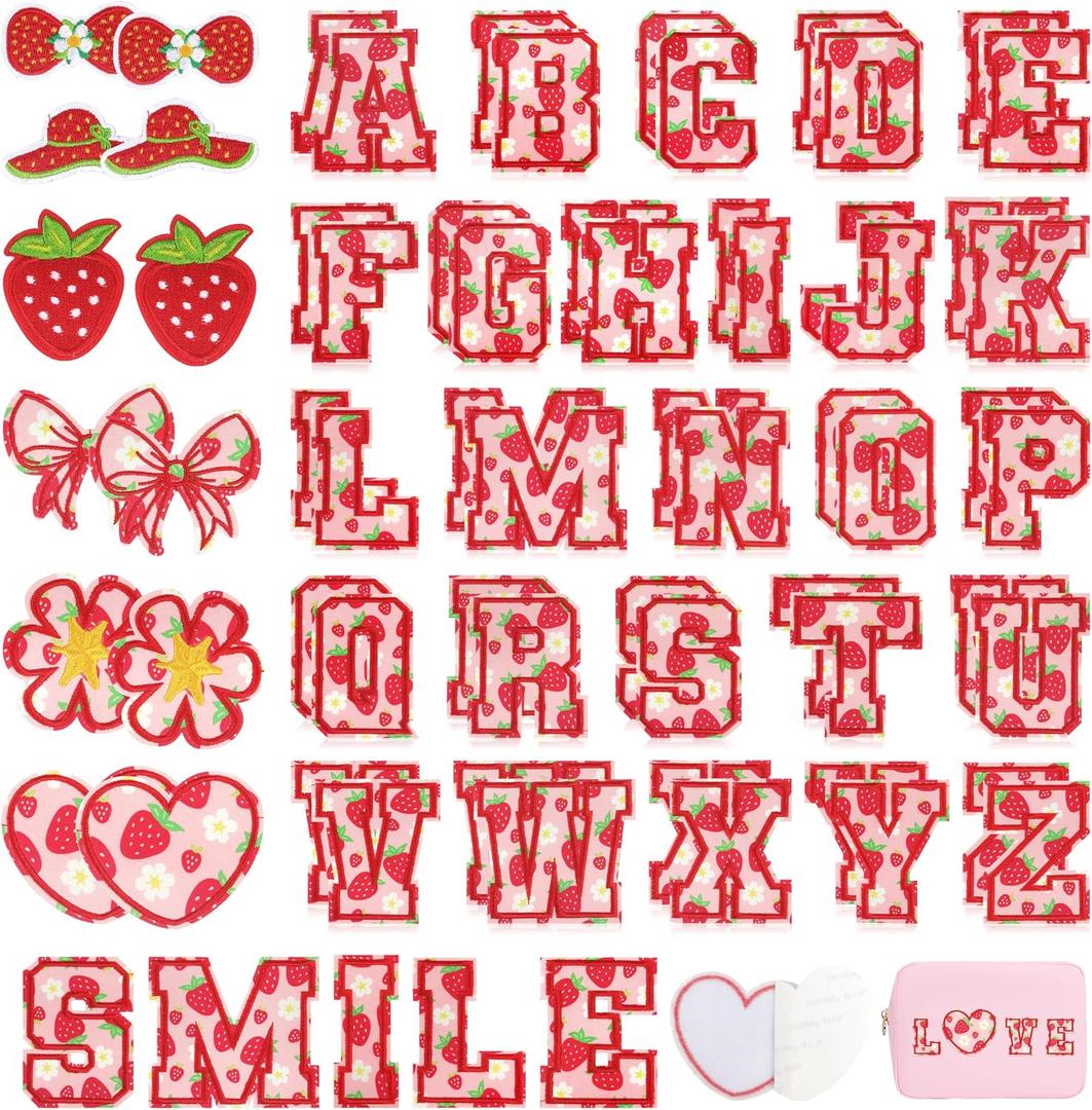 Letter Patches Self-Adhesive for Girls Backpack: Kingsow 64Pcs Strawberry Patch Stickers A-Z Alphabet Applique - Preppy Cute Fabric Letters Patches Stick on Clothing Hats Bags DIY Crafts
