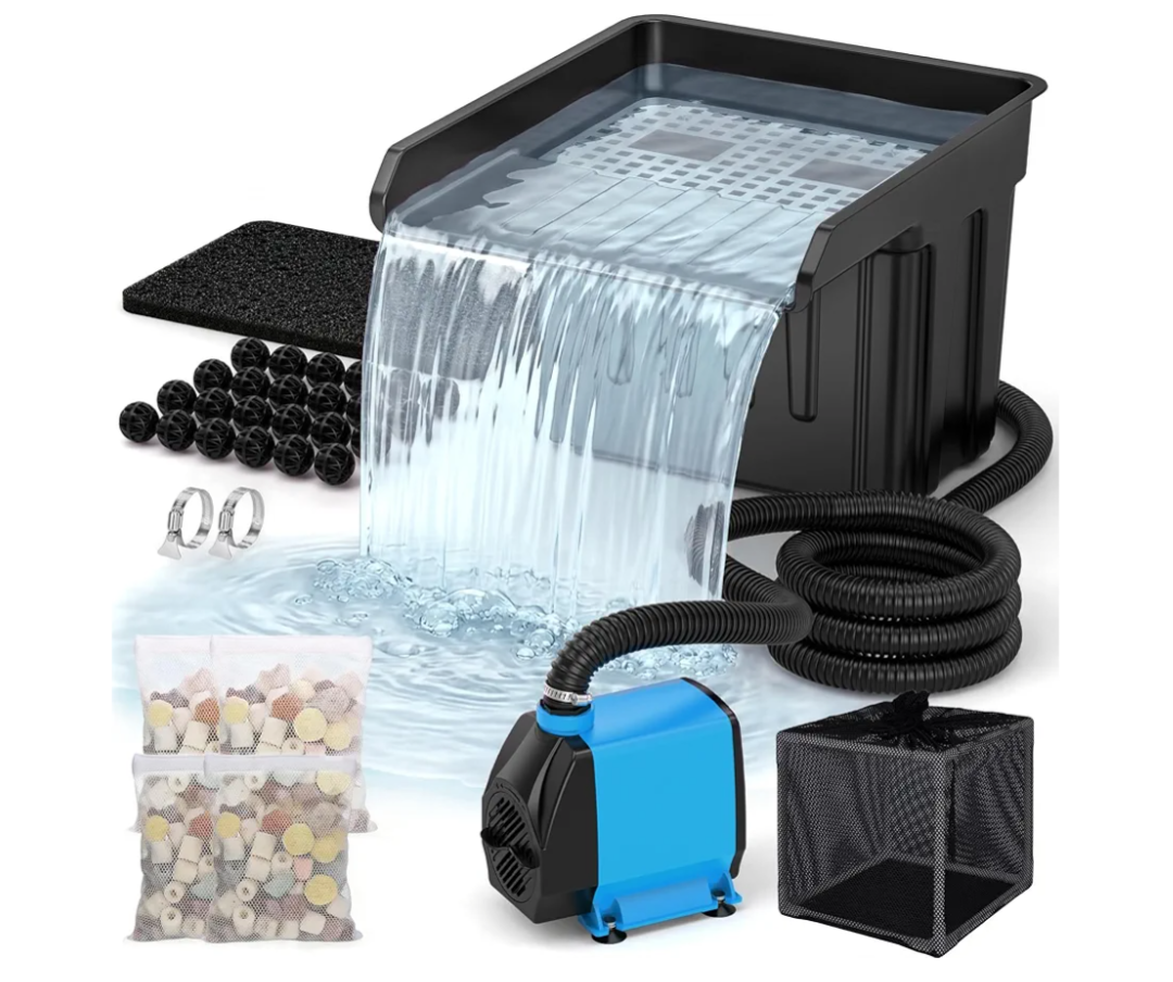 Pond Waterfall Spillway Kit, Pond Waterfall Filter with 980GPH Quiet Pond Pump & Filter Cage, 13 Ft Corrugated Tubing, Filter Media for Outdoor Ponds up to 3,000 Gallons