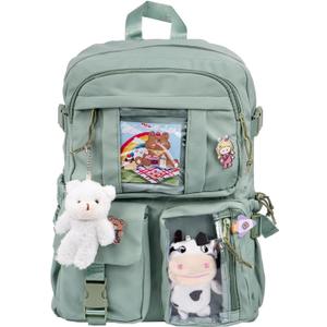 Kawaii Backpack for Girls, Cute Aesthetic Backpack with Pin Accessories Plush Pendant for School Girl Bookbag (Green)