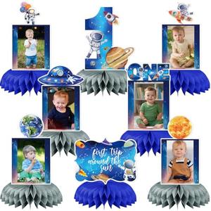 First Trip Around The Sun Birthday Decorations, 8pcs Outer Space 1st Birthday Photo Table Honeycomb Centerpiece for Planets Solar System Theme One Year Old Birthday Party Supplies
