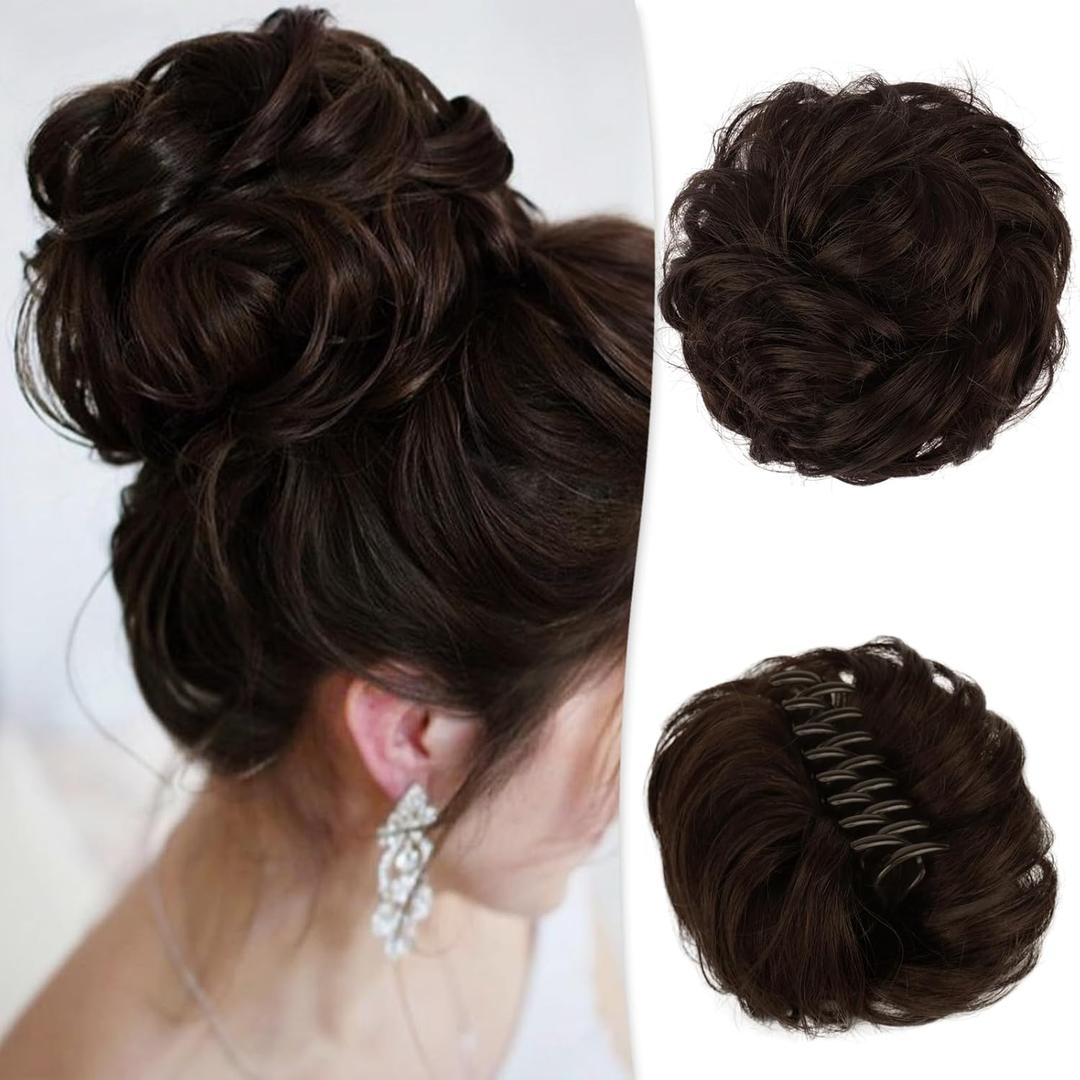 RUWISS Claw Clip Messy Bun Hair Piece 100% Real Human Hair Buns Wavy Curly Chignon Hair Bun Extensions Tousled Updo Hair Buns Claw Clip Ponytail Hairpieces(Dark Brown with 15% Dark Cocoa Blonde) (40g)