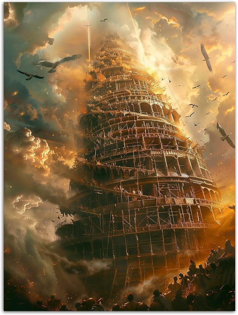 famassiser Tower of Babel Canvas - Biblical Wall Art, Ancient Architecture Poster, Spiraling Tower Artwork Wall Decor Poster for Living Room, Office, Bedroom- 16x24in Unframed