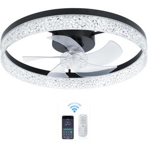 20" Black Ceiling Fan with Light and Remote - Smart Bladeless LED Fan, Adjustable 3000-6500K Color Temperature, 6 Speed Settings