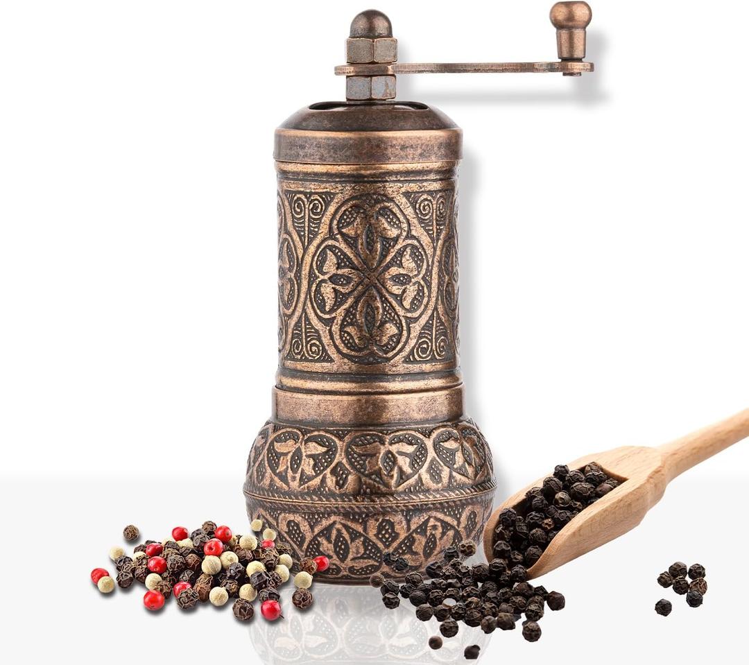 Handmade Decorative Black Pepper Grinder, Refillable Turkish Spice Mill Manual Pepper Mill with Handle, Spice Grinder Metal with Hand Crank 11 cm-4.3 inch (Copper)