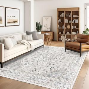 befbee 3x2 Area Rugs for Living Rooms, Stain Resistant Neutral Washable Rugs for Dining Rooms, Floral Vintage Non-Slip Thin Large Size Area Rug(Light Grey)