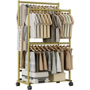 Heavy Duty Clothes Rack - 41.3" x 21.7" x 76.8", 4-Bar Double Rod Rolling Metal Clothing Rack for Hanging Clothes, Portable Garment Rack with Wheels for Bedroom Laundry, Closet Wardrobe, Gold