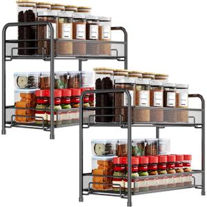 Spice Rack Organizer for Countertop 2 Pack, 2-Tier Counter Foldable Metal Standing Large Seasoning Storage Shelf for Kitchen Cabinet Bathroom Living Room Pantry Office, Black