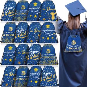 2 x Amylove 16 Pcs Graduation Gift Bags with Drawstrings Grad Party Favor Graduation Gift Drawstring Bag for College High School Party Supplies, 9 x 12 Inch (Blue)
