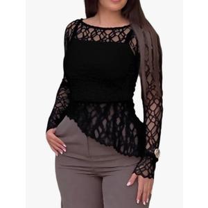 CHICME Womens Long Sleeve Mesh Top Round Neck Lace Floral See Through Blouses Casual Asymmetrical Shirt, Without Tank, L