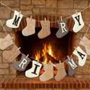 Merry Christmas Burlap Banner, 8.5 ft Sock Shaped Christmas Decoration, Rustic Banner Garland Bunting with Clips for Mantle Fireplace Xmas Party Holiday Indoor Outdoor Hanging Decorations