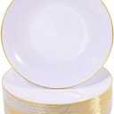 Nervure 100 Pieces Gold Plastic Plates - 10.25 inch Gold Dinner Plates - Heavyweight White and Gold Disposable Plates Ideal for Wedding & Party & Father's Day & Christmas