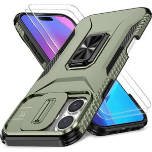 Case for iPhone 16 Plus with Slide Camera Cover+Screen Protector(2 Packs), Military Grade Shockproof Protective Cover, Rotated Ring Kickstand(A - Green)