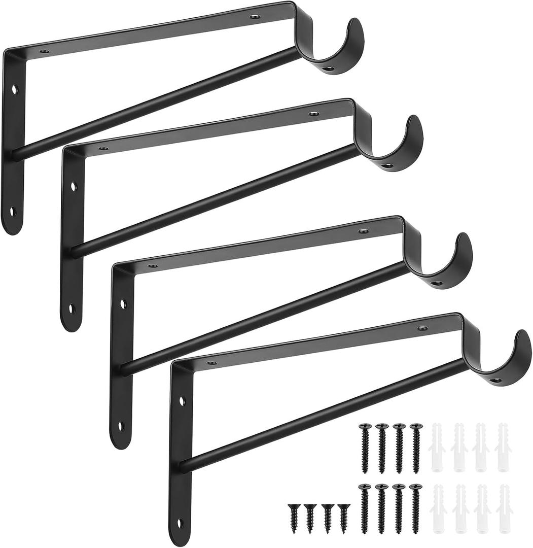 Shelf and Rod Brackets, 4 Pcs Closet Shelf & Rod Brackets Wall Mounted, Heavy Duty Closet Shelf Closet Bracket with Rods Holder, Closet Shelves Supports with Screws, Black (8 inches)