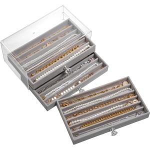 SPAKOWN Necklace Organizer Box, Velvet Necklace Box Holder Tray with Clear Lid Chains Showcase Stackable Necklace Storage for Pendant Bracelet (3 Drawers - Grey)