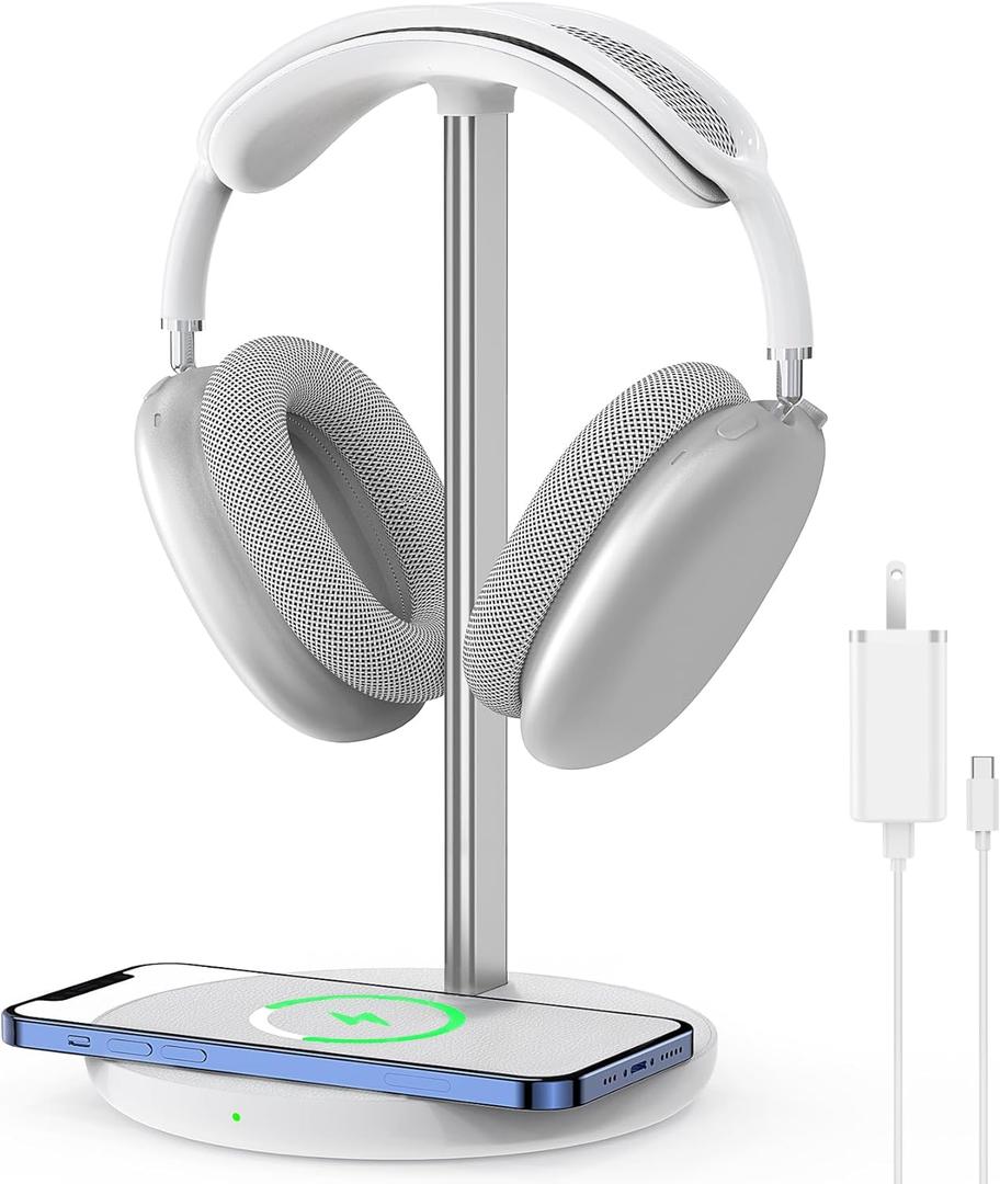 Headphone Stand with Wireless Charger, Gaming Headset Holder Hanger Rack 2 IN 1 Wireless Charging Station Dock for iPhone 15/14/13/12/11 Series, Samsung, AirPods Pro/3/2 and Desk All Headphones, White (B-White)